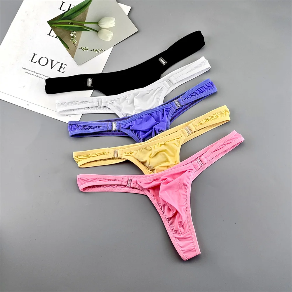 5pcs Personality Buckle Design U Convex Ultra Thin Underwear Men Pouch Thong Ice Silk Nylon G-string Shorts Solid Color Panties