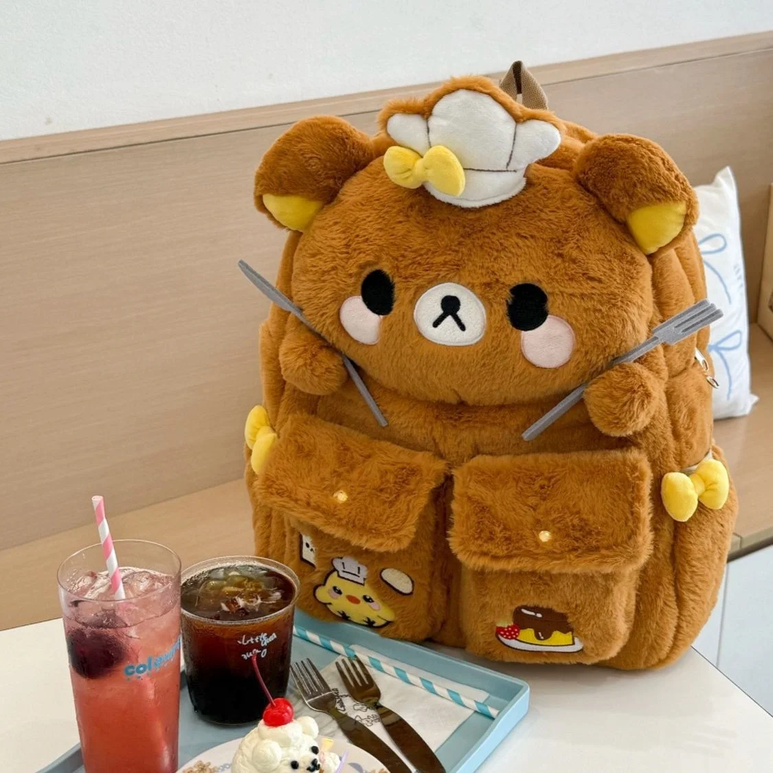 

Kawaii Japanese Chef Rilakkuma Plush Backpack Large Capacity Student School Bag for Stationery Storage Gift