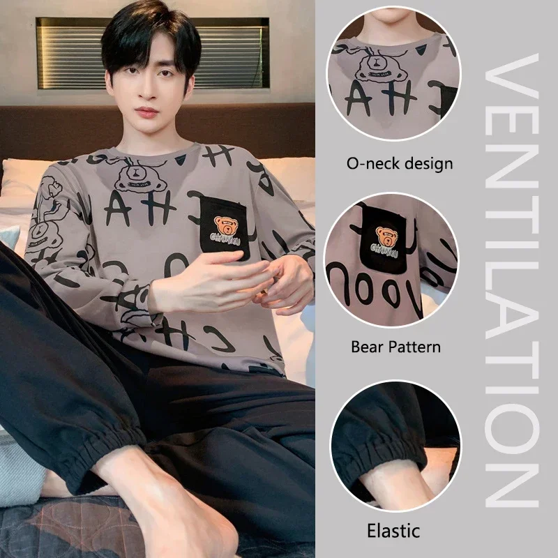 2Pcs/set plus size men's pajamas fall and winter long-sleeved loose casual cartoon bear striped black O-neck soft casual college