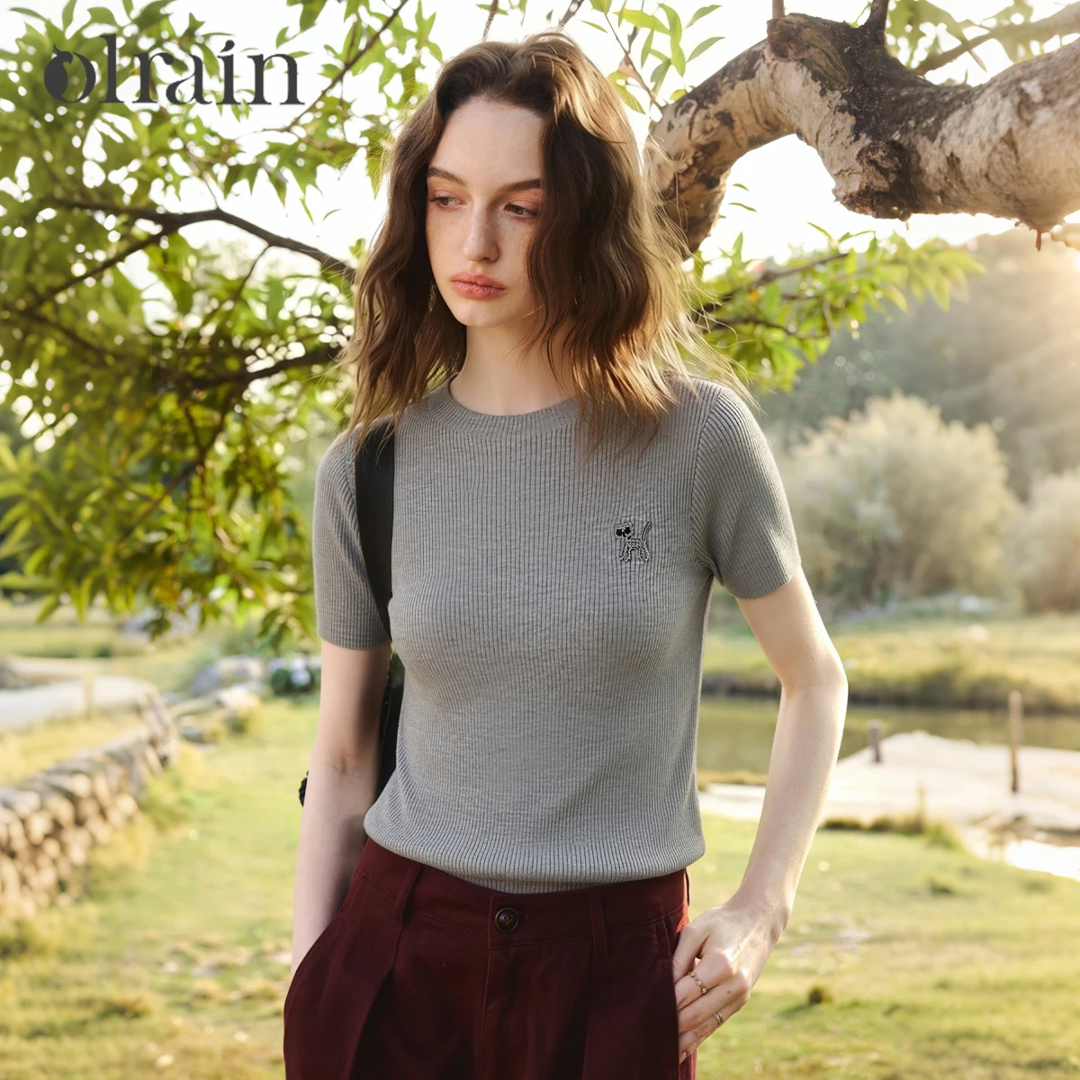 OLrain Gray Casual Simple Knit Short Sleeve Tee 2026 Summer Fashion 3D Pony Embroidery Crew Neck Pullover Top Women O58XZ005398