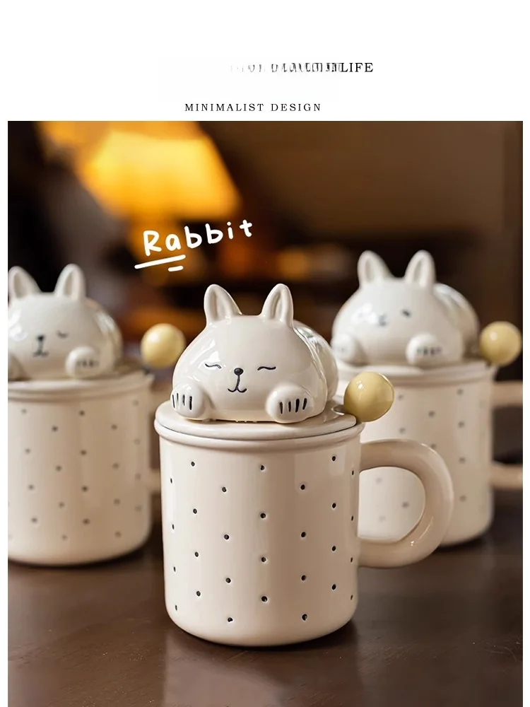

Милая кружка с мультяшным кроликом и крышкой, с ложкой, для завтрака, в скандинавском стиле, с дизайном щенка, маленькая, для взрослых
