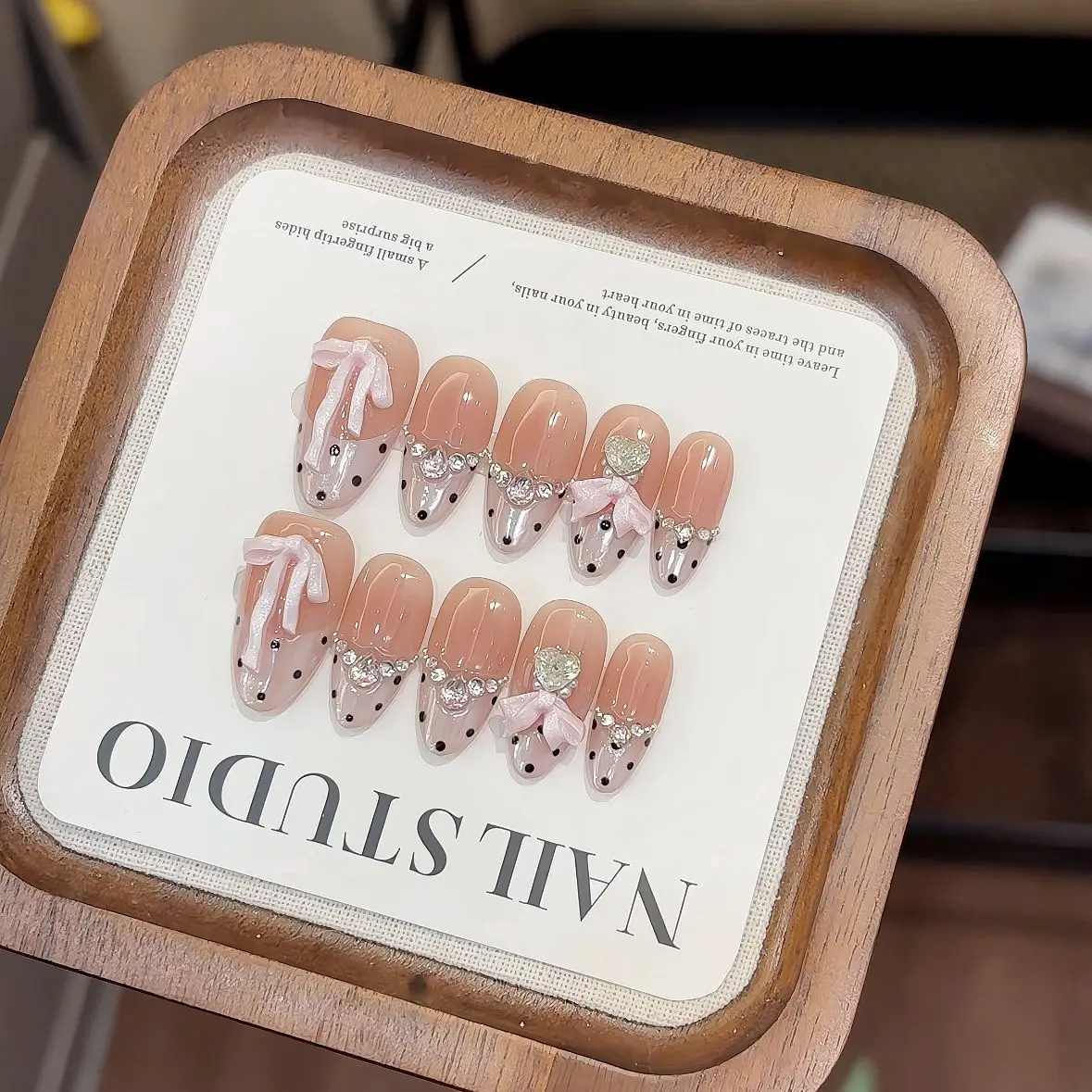 

10pcs French Bow Handmade Nails Ballet Pearl and Zirconia Polka Dots Press on Nail Short Almond Fake Nail for Women&Girl Nail