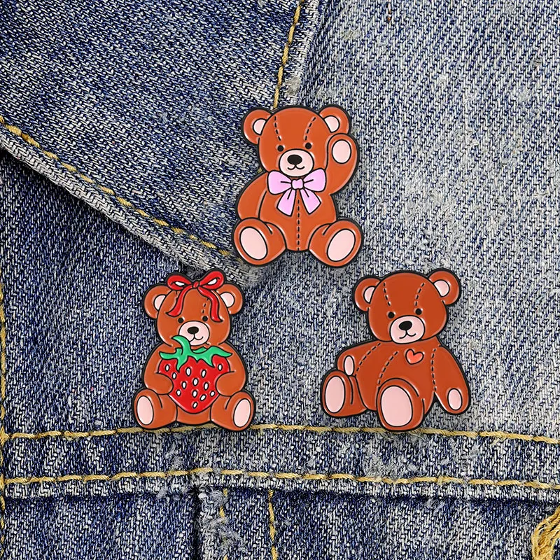 Cute Teddy Bear Strawberry Enamel Badges Set Brown Bear Bow Heart Alloy Brooches Lapel Backpack Jewelry Gifts For Girl Accessory