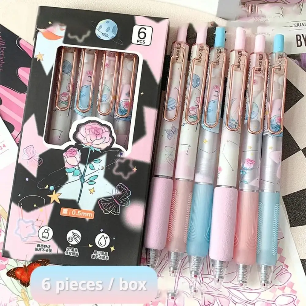 6PCS Kawaii Cute Press Gel Pen Pretty Aesthetic Good Looking 0.5mm Writing Pen ST Nib Butterfly Series Black Ink Pen Student