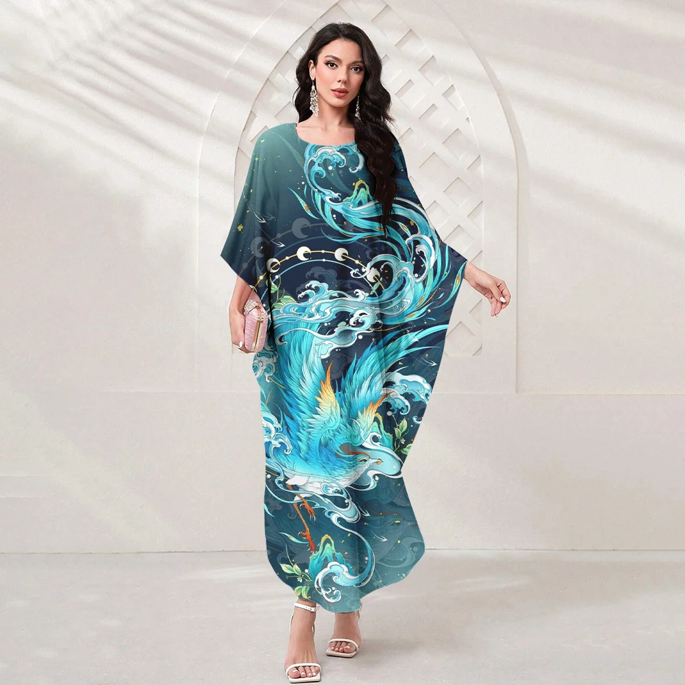 2024 New Women's High-Temperament Dress Dubai Arabian Boutique Printed Clothing Phoenix Pattern Lady Bat-Sleeve Crewneck Dress