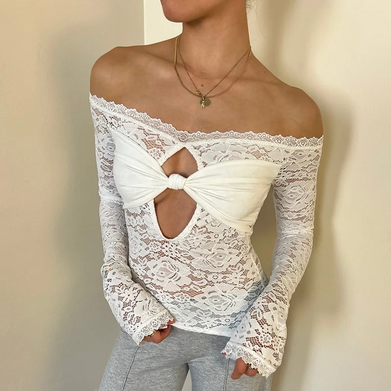 

Tornova One-shoulder Lace Hollow T shirt Top Women's Fashion Splicing Sexy strapless Short Pullover Top 2025 New Female T shirt