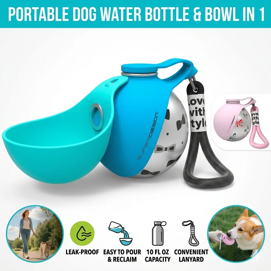 

2-in-1 Portable Dog Water Bottle 10oz Stainless Steel Leak-Proof Travel Bowl Food-Grade Silicone Pet Canteen for Hiking Walking