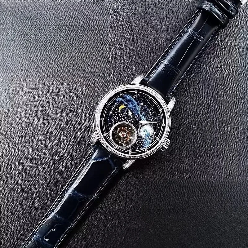 Starry sky tourbillon moon phase dynamic luminous automatic movement polishing engraved mechanical watch