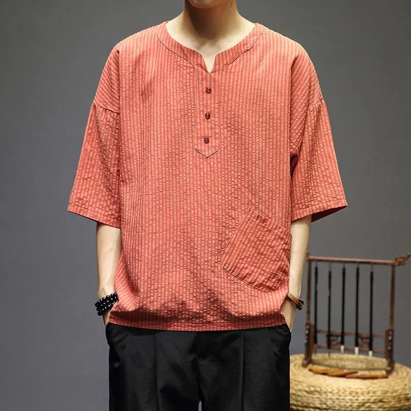 Summer Chinese Style Vintage Simple Versatile Cotton Hemp Short Sleeve T-shirt Men Solid V-neck Button Pocket Loose Striped Tops