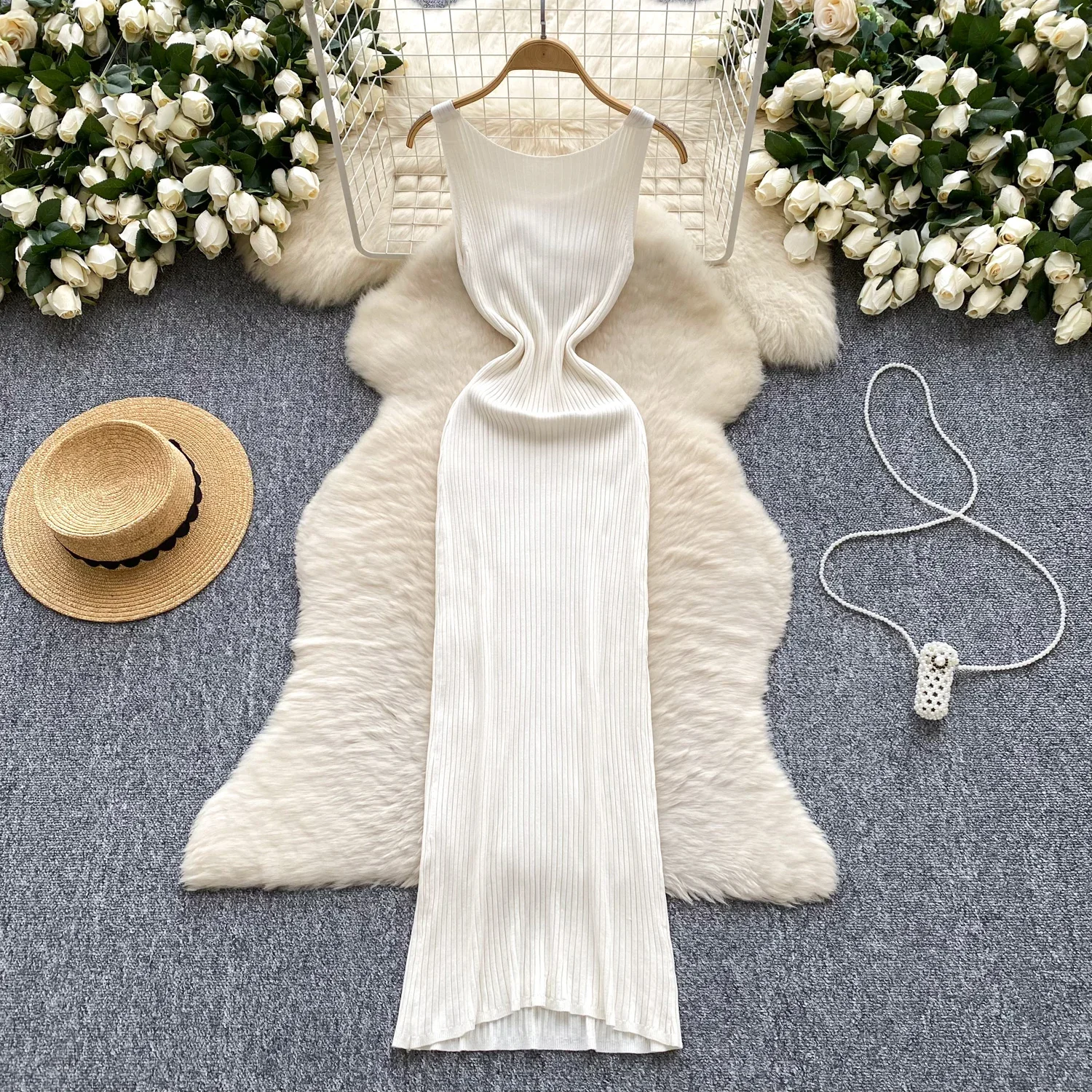 2025 New Sexy Kniiting Chic Dresses Women Sleeveless O Neck Bodycon Solid Slim High Quality Elastic Basics Maxi Long Tank Dress