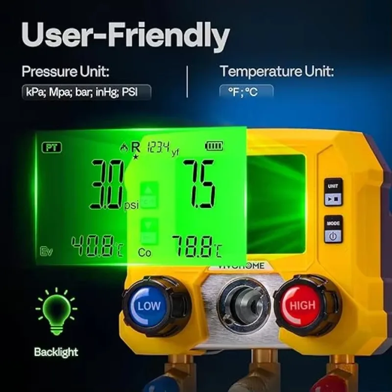 Digital HVAC Manifold Gauge Set With R134a R1234yf Quick Couplers and Can Taps 3 Hoses Car AC Refrigerant Recharge Kit