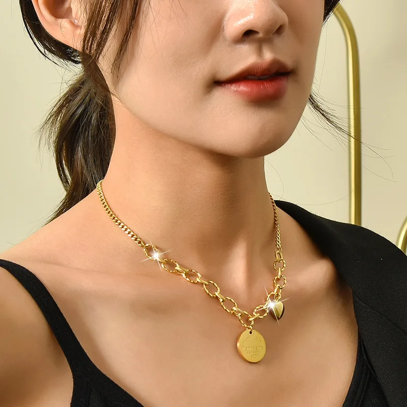 العلامة التجارية الجديدة التيتانيوم الصلب العالمي سلسلة سميكة الربط قلادة، أنثى القلب هندسية لوحة مستديرة قلادة، سلسلة الترقوة