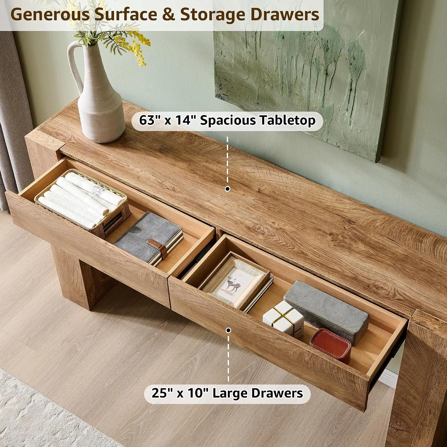 63‑Inch Light‑Oak Farmhouse Console Table with Storage Drawers, Thick‑Frame Narrow Accent Table for Entryway, Hallway and Living‑Room view 4