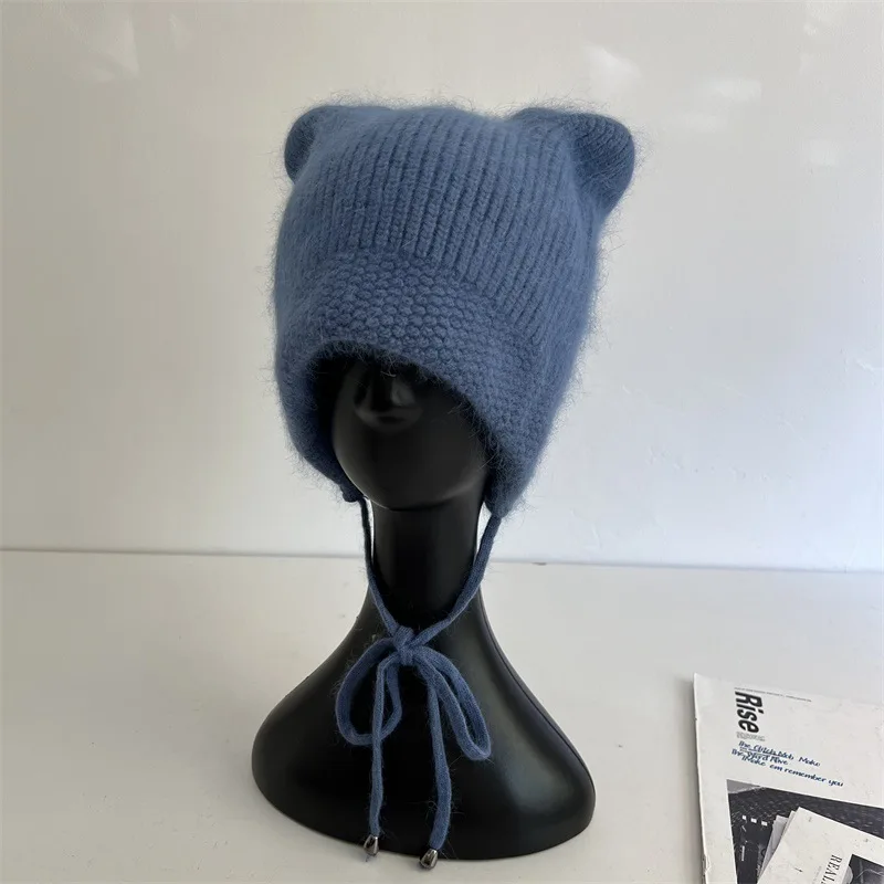

Hat Earflap Women Winter Angora Knit Beanie Ears Design Warm Accessory For Cold Weather Autumn Outdoor Skiing Sports Holiday