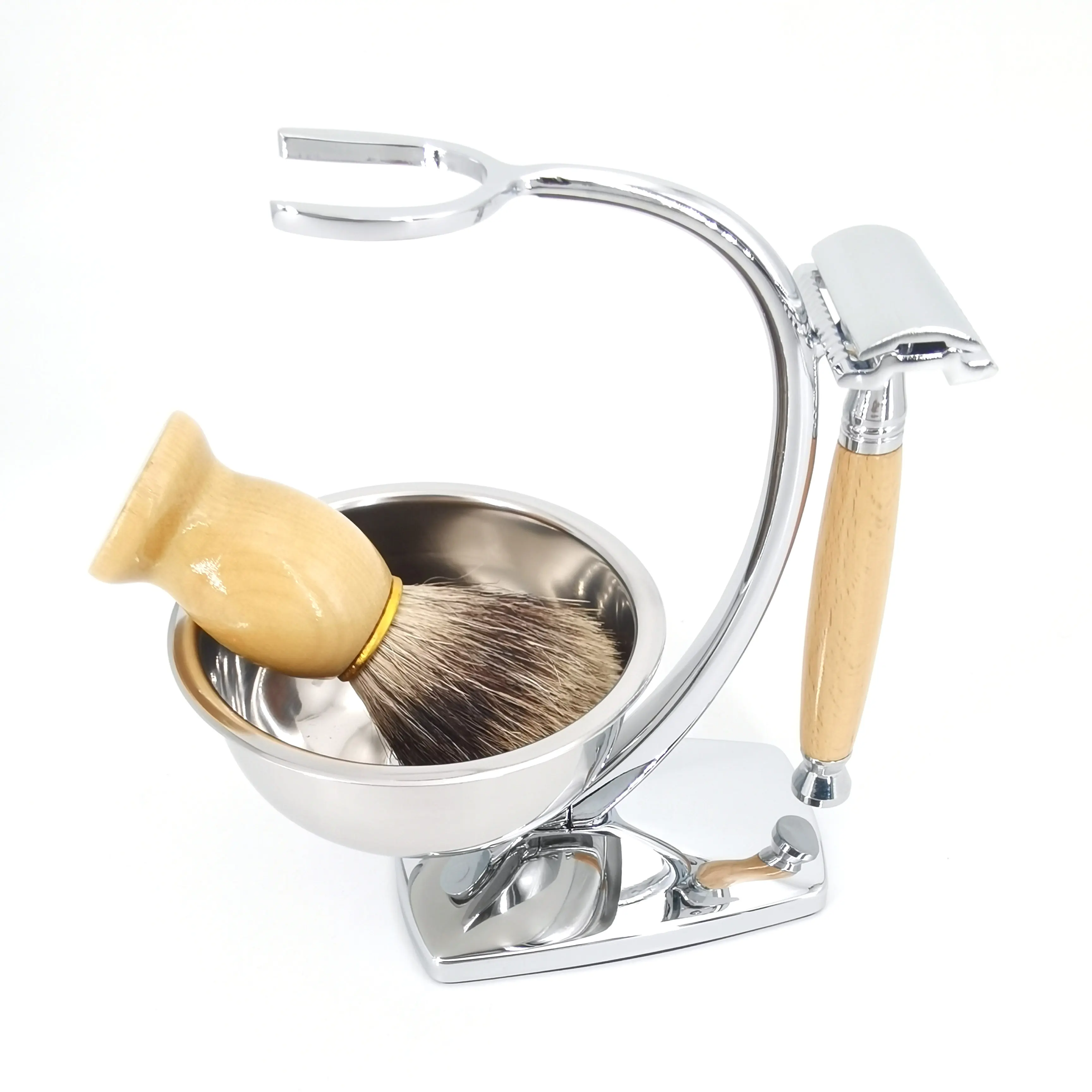 Premium 4-Piece Shaving Set: Beechwood Safety Razor, Badger Hair Shaving Brush, Stand, and Soap Bowl