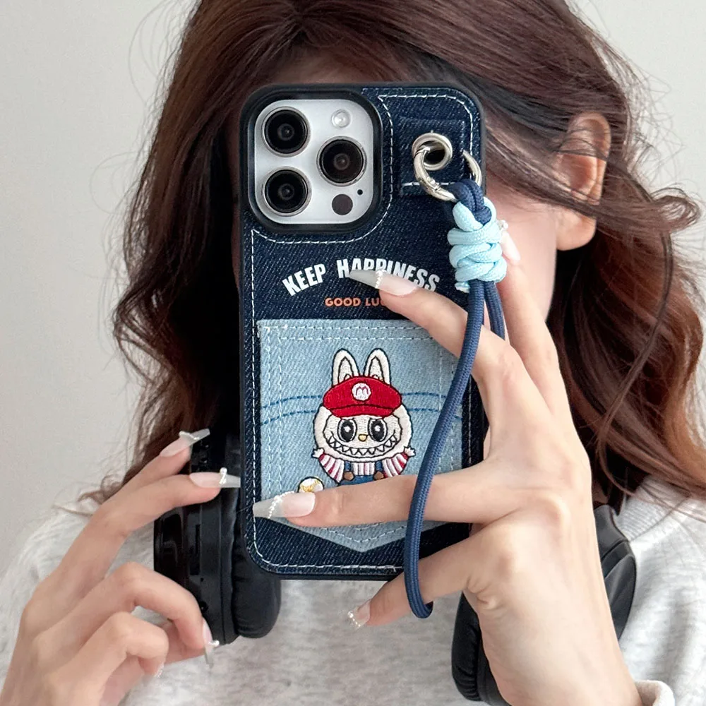 Cute Denim Fabric Embroidery Labubu Card Wallet Phone Case For iPhone 15 14 13 16 Pro Max Shockproof Bumper Cover With Lanyard