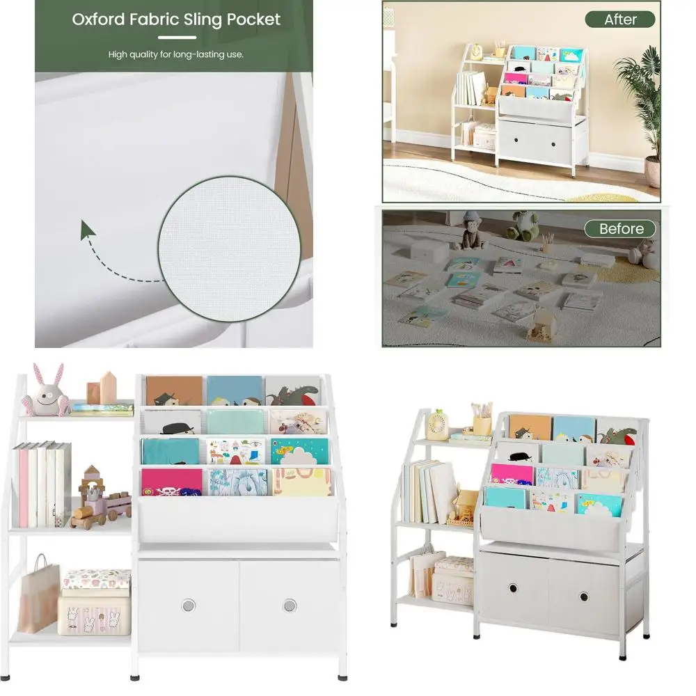 

3-Tier Kids Bookshelf with 2 Drawers, White, Nursery and Classroom Storage Solution