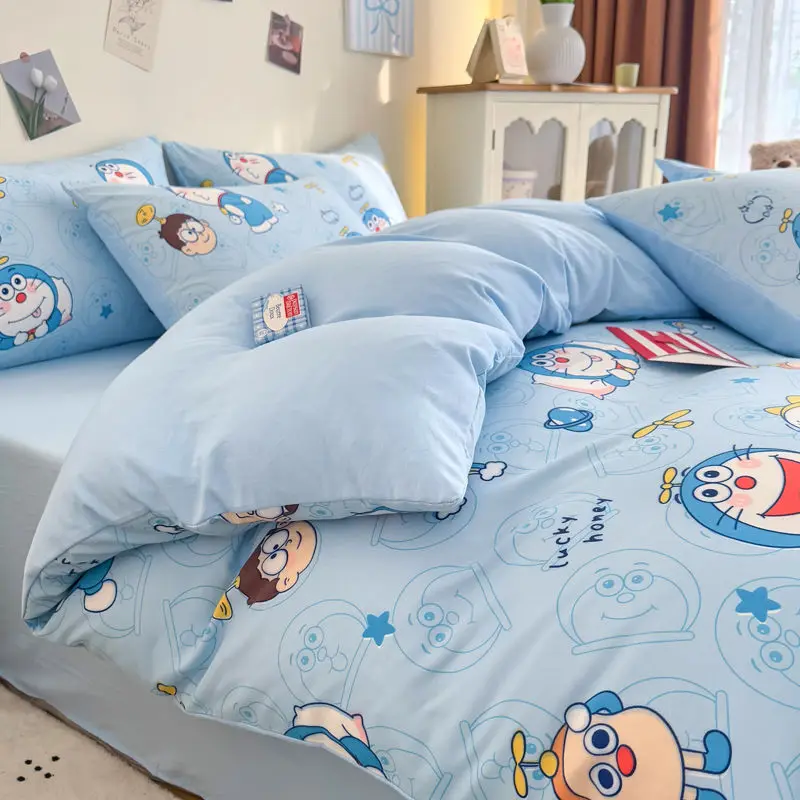 

Супермилый комплект постельного белья из стираного хлопка из 4 предметов с мультяшным Дораэмоном, пододеяльник, комплект постельного белья из 3 предметов в девичьем стиле для общежитий