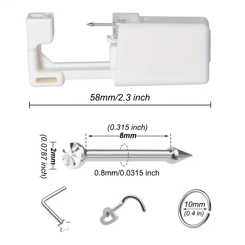 Disposable Ear Nose Piercing Tool Kit With Heart Star Replacement Nose Rings Studs, Safe Health Body Piercing Jewelry Kit