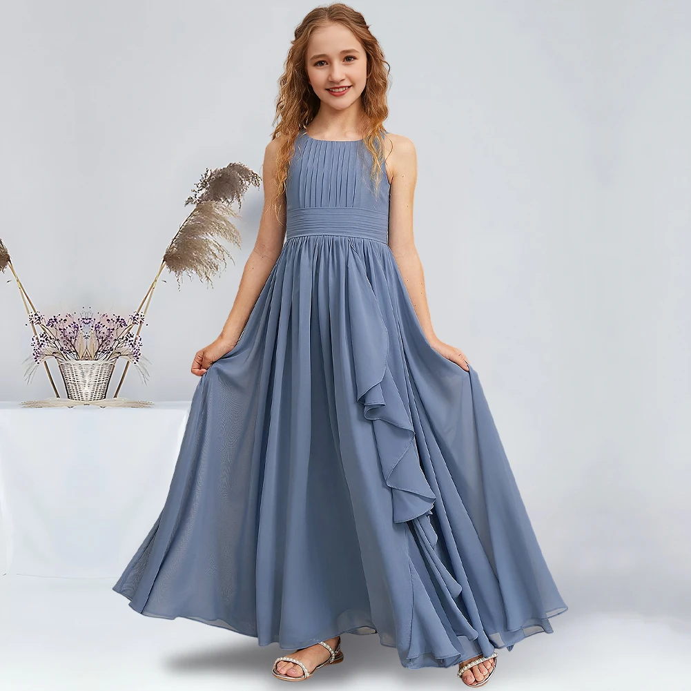 

Elegant A-Line Scoop Floor-Length Chiffon Junior Bridesmaid Dresses Slate Blue Charming Flower Girl Dresses Party Wedding Kids