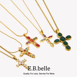 E. B. Belle Sparkling Luxury Colored Zirconia Cross Pendant Stainless Steel Women's Necklace PVD Plated Waterproof Jewelry Gifts