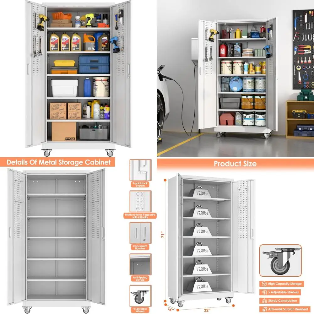 Металлический шкаф для хранения на колесах, 71 Г x 32 Вт x 16D, 5 регулируемых полок, 4 крючка, стальной органайзер для гаража