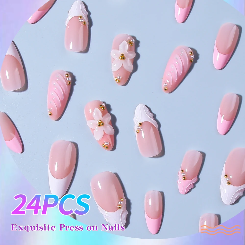 24개 세트 롱 아몬드 플라워 핑크와 화이트 프렌치 프레스온 네일 팁 프렌치 아크릴 가짜 손톱, 3D 젤로 스타일을 업그레이드하세요