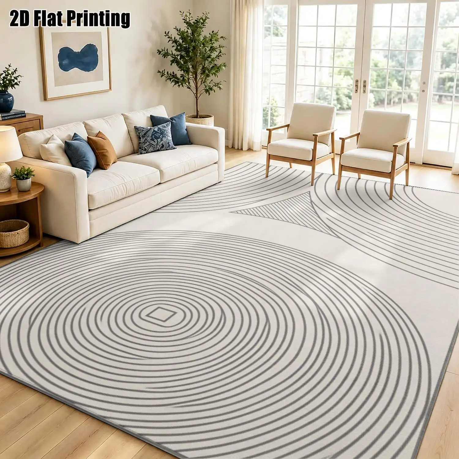 1Pc 2D Printed Light Gray Geometric Line Nordic Carpet, Washable for Multi-Scene Home Decor
