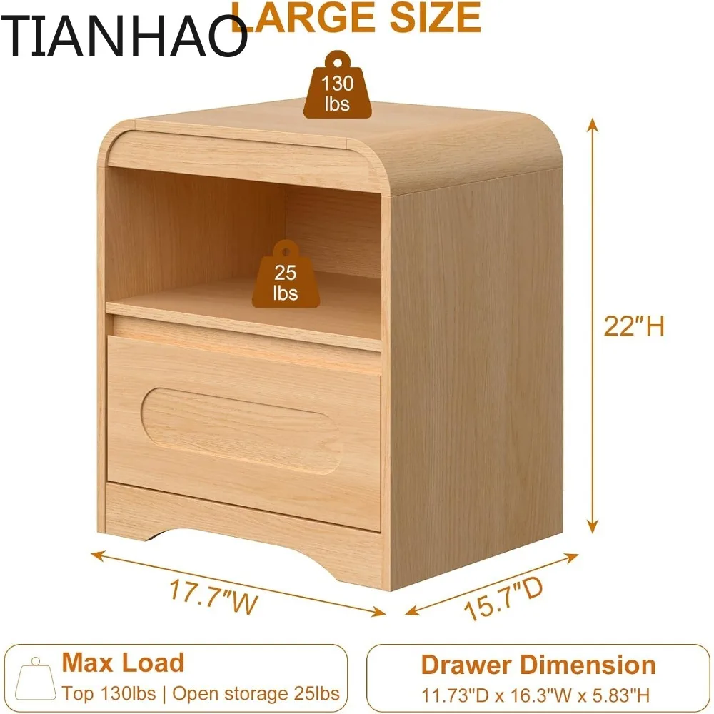 Night Stand Nightstand with Drawer Storage Curved Bed Side Table End Table Large Modern Wide Bedside Stand Tall Night Stands