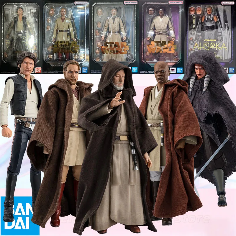 Figura de Acción Bandai S.H.Figuarts Star Wars Ahsoka Han Solo Obi-Wan Ben Kenobi Mace Windu de 150 mm con Capa de Tela y Sable de Luz