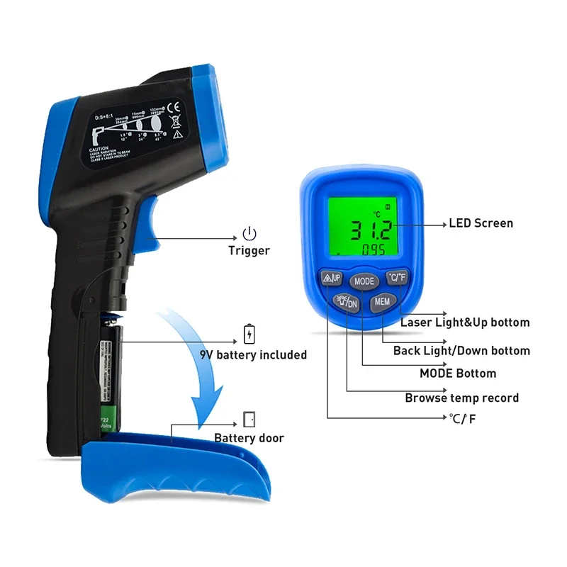 HOLDPEAK Digital IR Thermometer -30~550 Celsius Non-Contact Laser Infrared Tester Temperature Gun Pyrometer with LCD Backlight