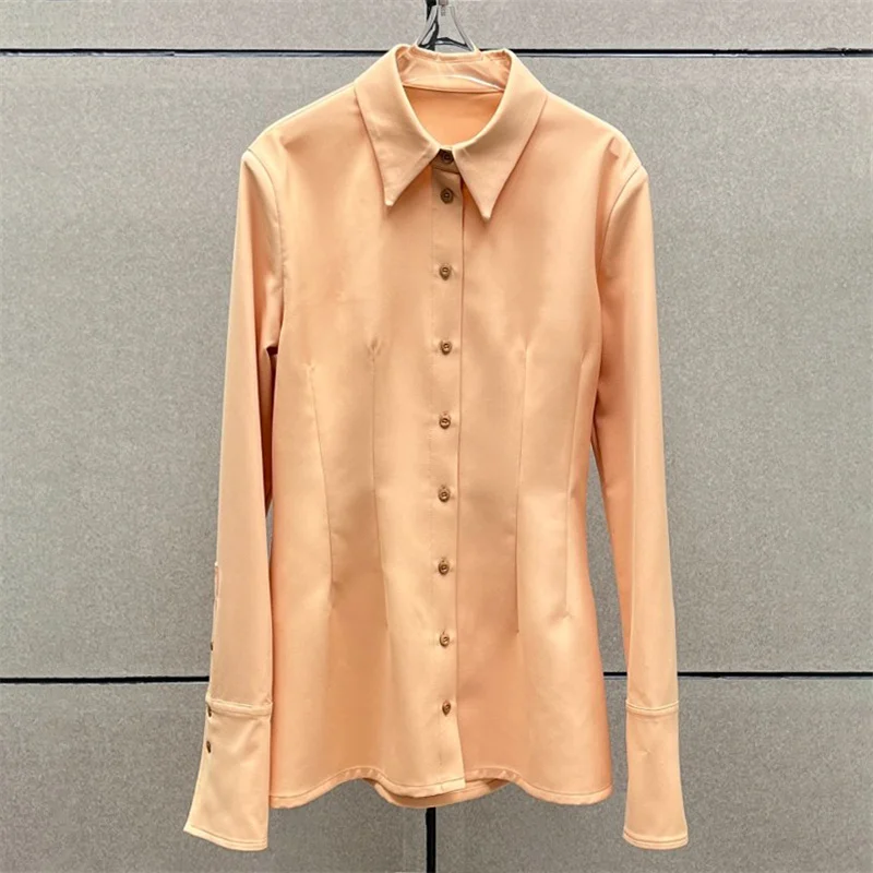 

women's shirt 2026 summer new waist cinched slim fit women's long sleeved top Single breasted lapel women's blouse Casual tops