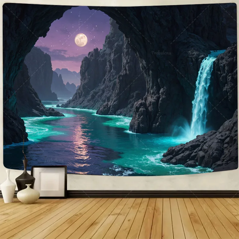1 tapiz de pared "tapiz de cascada de Canyon con luz de luna mística-arte de paisaje de fantasía"