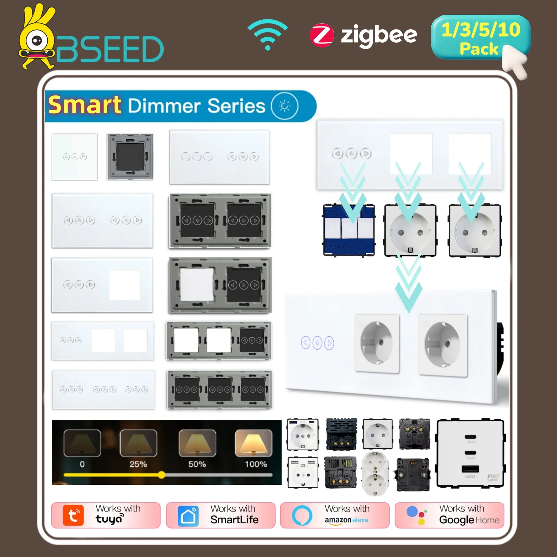 BSEED Smart Dimmer Light Switch Module Part EU APP Dimmable LED Switch Insert Backlight Free Combination Wall Socket Key Glass