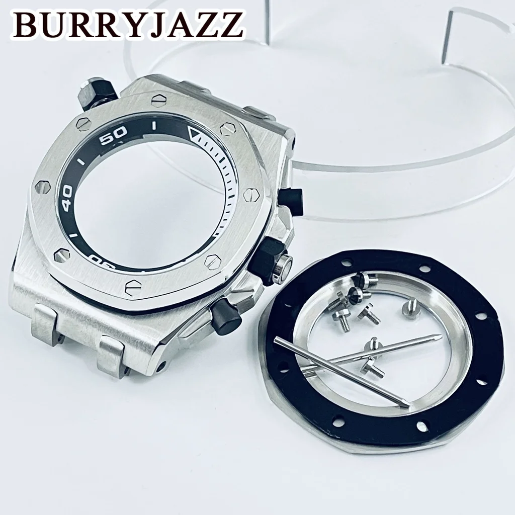 BURRYJAZZ 42mm Silver VK63 Case Quartz Watch Chronograph VK63A Coaetd Glass Watch Case