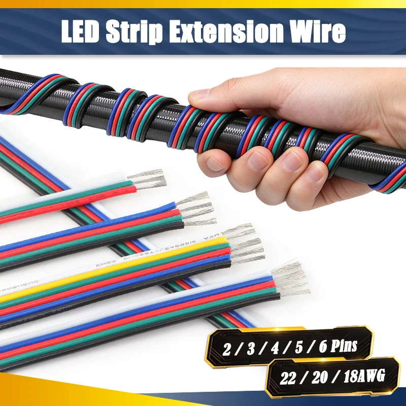 2-20m LED Strip Extension Wire 2/3/4/5/6 Pin 18 20 22AWG PVC Tinned Copper Cable for RGB RGBW RGBCCT WS2812B LED Light Strip`