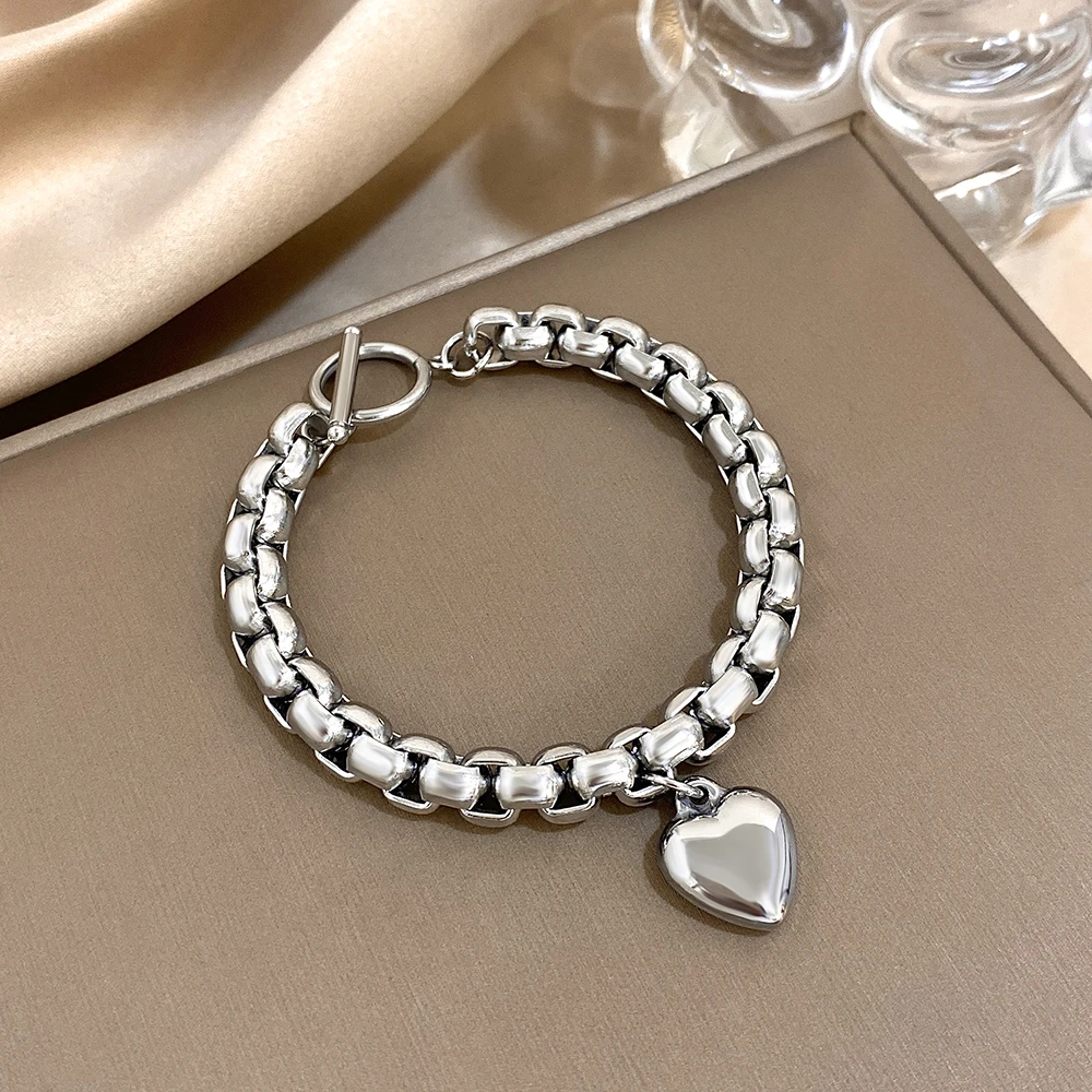 Elegant Heart Charm Chunky Bracelet for Women Trendy Gold Silver Color Stainless Steel Wristband Bracelets Jewelry Gifts