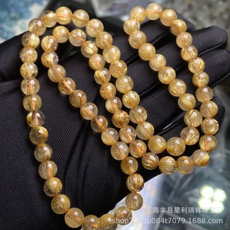 Natural Rutilated Quartz Three- Bracelet Hairline Golden Radiant Round Bead Multi-Layer B
