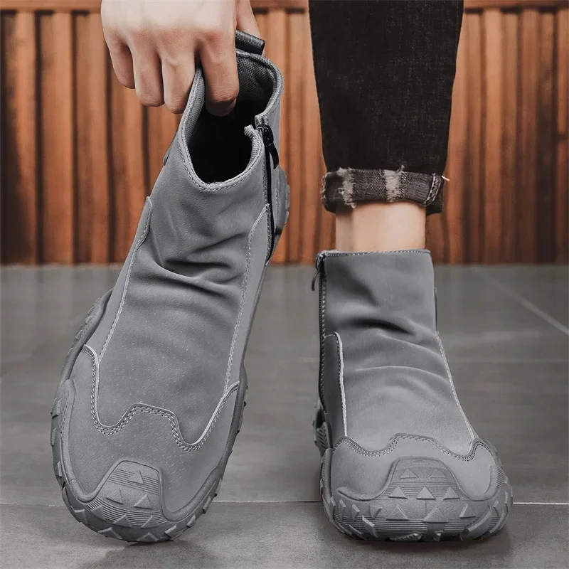 

Новые плиссированные нескользящие удобные ботинки на молнии на толстой подошве, износостойкие модные ботинки на плоской подошве, мужские ботинки, рабочая одежда с высоким вырезом, осенняя обувь