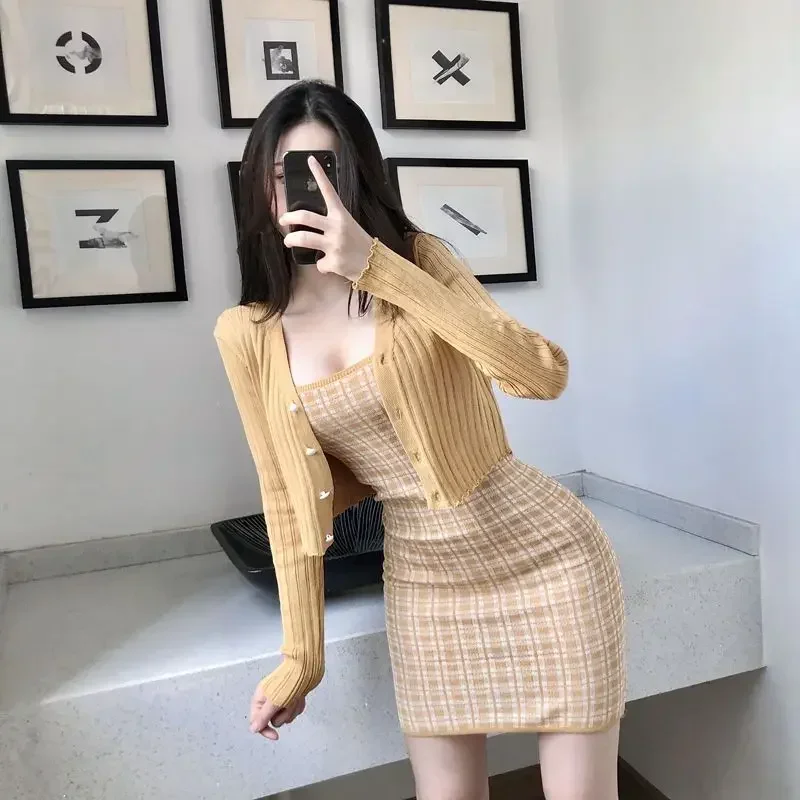 2 Pieces Sets for Women Yellow Plaid Party Midi Crochet Woman Outfit Beach Sexy Long Sleeve Dress Knit Vintage Jacket Full Korea