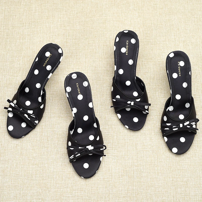 

Лето 2023, новые женские шелковые босоножки из жоржета в горошек, полутапочки на тонком высоком каблуке с узлом, персональные полутапочки
