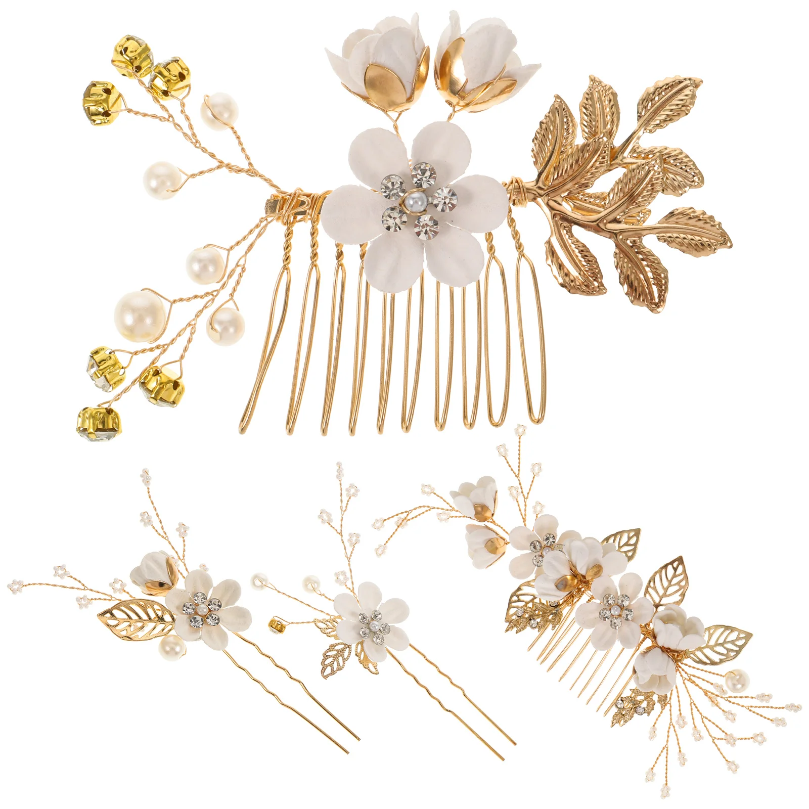 

4pcs Wedding Handmade Fashion Hair Comb Set Floral Bridal Headpiece Hair Accessories Rhinestone Wedding Dress Accessories (White