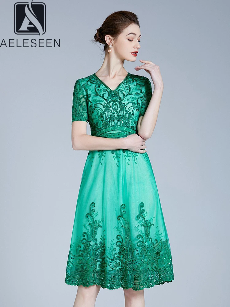 

AELESEEN High Quality Vintage Dress Women V-Neck Summer Short Sleeve Sequined Flower Embroidery Elegant Midi Party Female