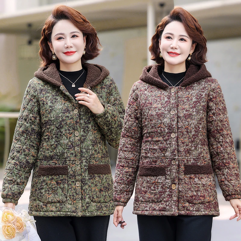 

Middle Aged Elderly Mothers' Fashion Hooded Coat Casual Fleece Jacket Women Casual printing Outwear