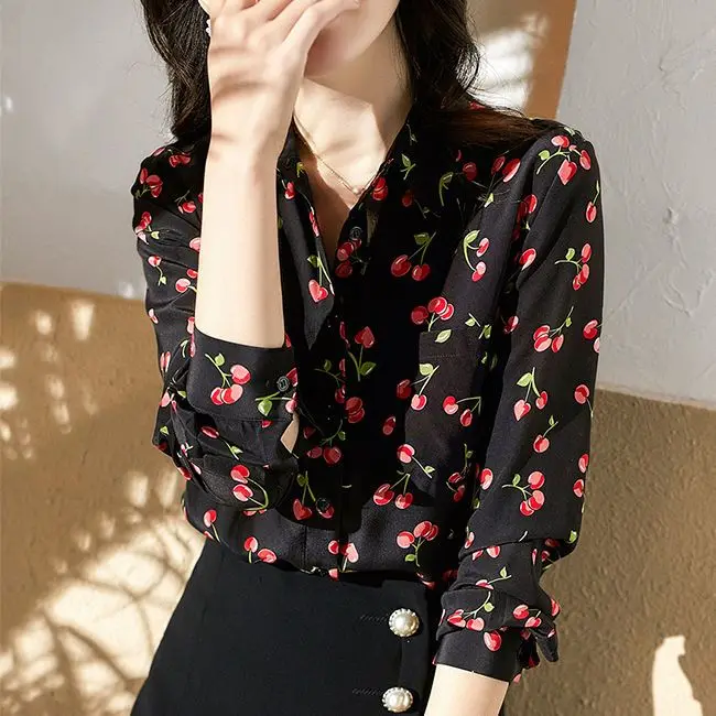 Women Shirts Long Sleeve Chiffon Blouse Fashion Print Cherry Flower Top Shirts for Women Autumn Under Shirt Ladies Office F143
