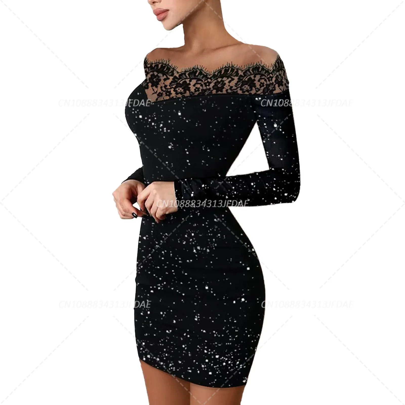 فستان نسائي جديد من الدانتيل بأكمام طويلة، فستان أسود أنيق بكتف واحد ومسحوق فضي مرشوش #6