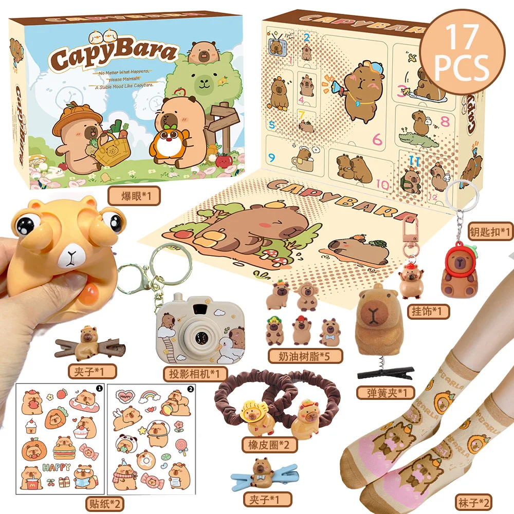 Calendario de Adviento de Navidad con tema de capibara, joyería artesanal, horquilla, juguetes, caja ciega de cuenta atrás, figuras en miniatura para niños, coleccionables