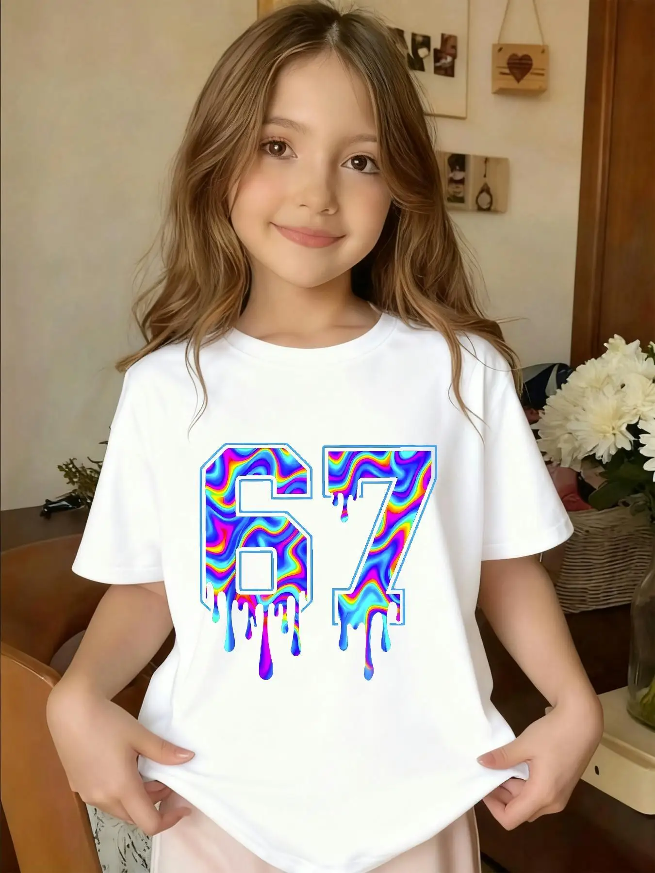 2026 Summer Girls' Cotton T-shirt Round Neck, Casual Pure Cotton Top, Featuring A Number 67 Print, Cute and Unique Short Sleeve.