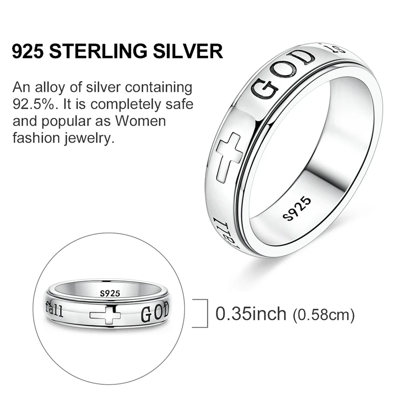 Women's 925 Sterling Silver God Engraving Cross Rotatable Ring