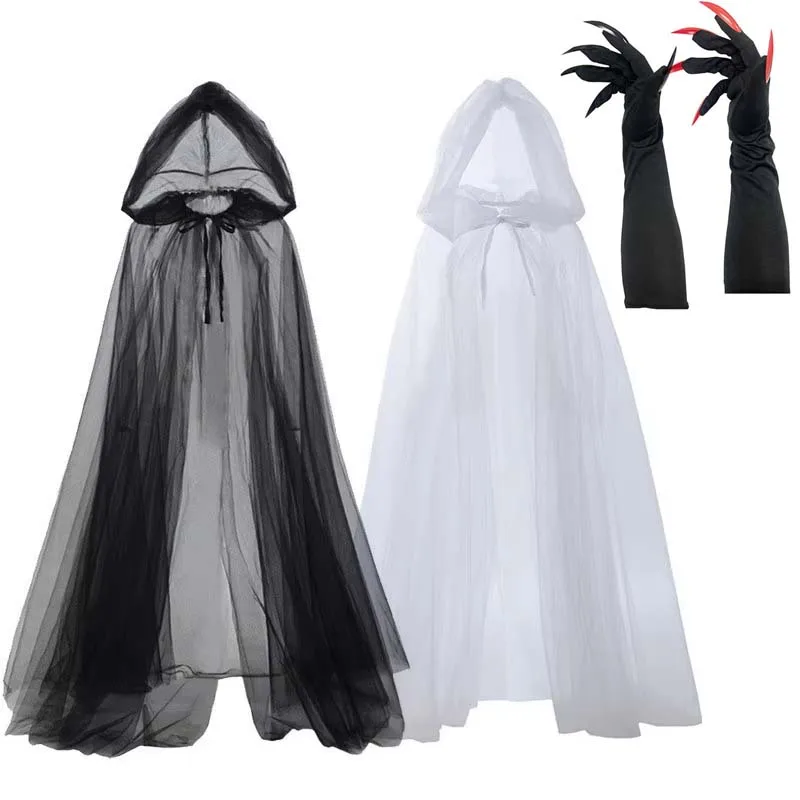 

Vampire Witch Mesh Cloak for Men Women Halloween Black White Hooded Cape Horrible Wizard Cloak Carnival Party Costumes 150cm